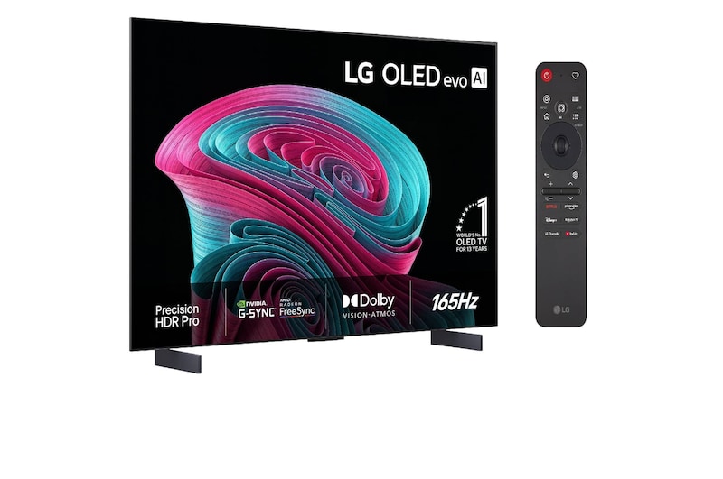 LG OLED evo AI C6 visad framifrån och från sidan framhäver en 42-tums skärm med en 932 mm bred skärm, en total höjd på 540 mm och ett superslimmat djup på 41,1 mm utan stativ.